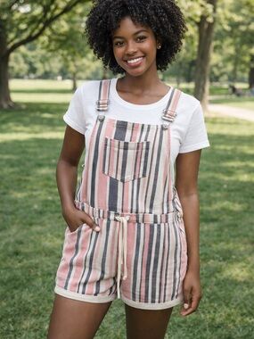 Striped Pink & Gray Women's Short Overalls